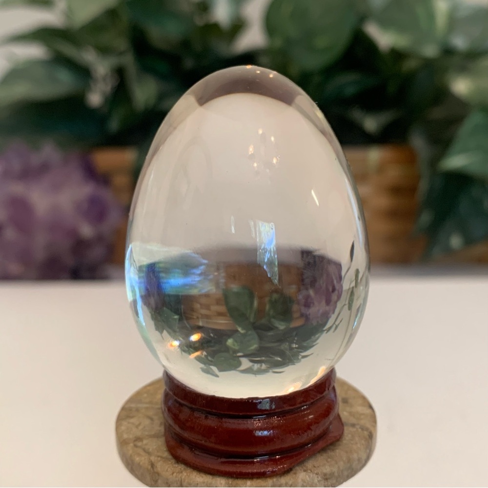 Crystal Clear Polished Glass Egg Paperweight Figurine W Wood Display Stand 2.1"